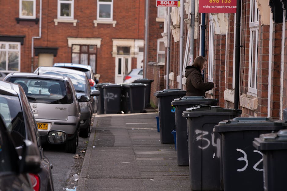 A row of black wheelie bins, each with top lids partially open, lined up along a concrete sidewalk outside a red brick residential building. The bins are marked with white chalk or spray paint, with visible numbers such as '32' and '34' on their sides. The building features white-framed sash windows and beige stone detailing around the openings. A woman wearing a dark jacket stands beside the first bin, engaged in some activity, possibly disposing of rubbish. Behind her, the urban environment extends with more bricks, windows, and parked cars lining the narrow street. Several vehicles, including small hatchbacks and compact cars, are parked parallel on the street, partially obscuring the view further down the road. The scene appears to be during daytime, with natural light illuminating the area, and the overall ambiance suggests a typical residential street with regular waste collection routines, possibly indicating an independent or private waste disposal service, consistent with rubbish removal practices in the Belsize Park area.